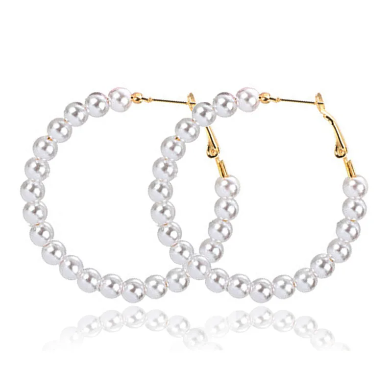 

Simulated Pearl Beaded Round Hoop Earrings Circle Lightweight Dangle Earrings for Women Girls Handmade Personality Night Jewerly