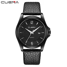 CUENA Men Quartz Watch Genuine Leather Calendar Fashion Wristwatches Clocks 30M Waterproof Relogio Masculino Mens Watches 6611