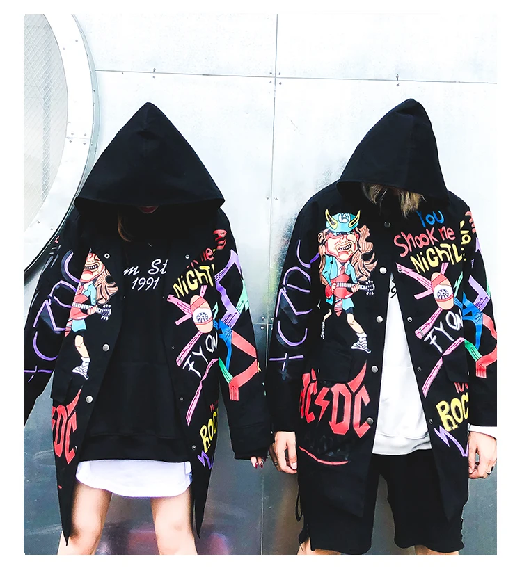 Veste Punk Hop Femmes Occasionnel Cardigan Hommes Long Unisexe Capuche Impression Bande Dessinée À Survêtement Haute Hip Lâche Conception Graffiti Rue De q4Fwd5Xw