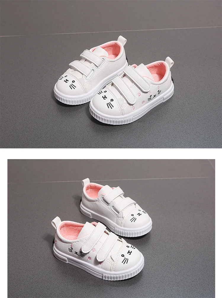 Mumoresip/весенне-Осенняя обувь для девочек; Модные Повседневные кроссовки для детей ясельного возраста; детская белая обувь для катания на коньках с вышивкой кота; 21-30