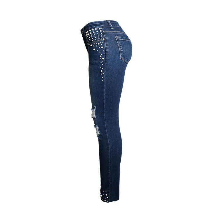 2018 Europe and the United States Women's new high-rise jeans Pearl beaded women's summer jeans trousers (9)