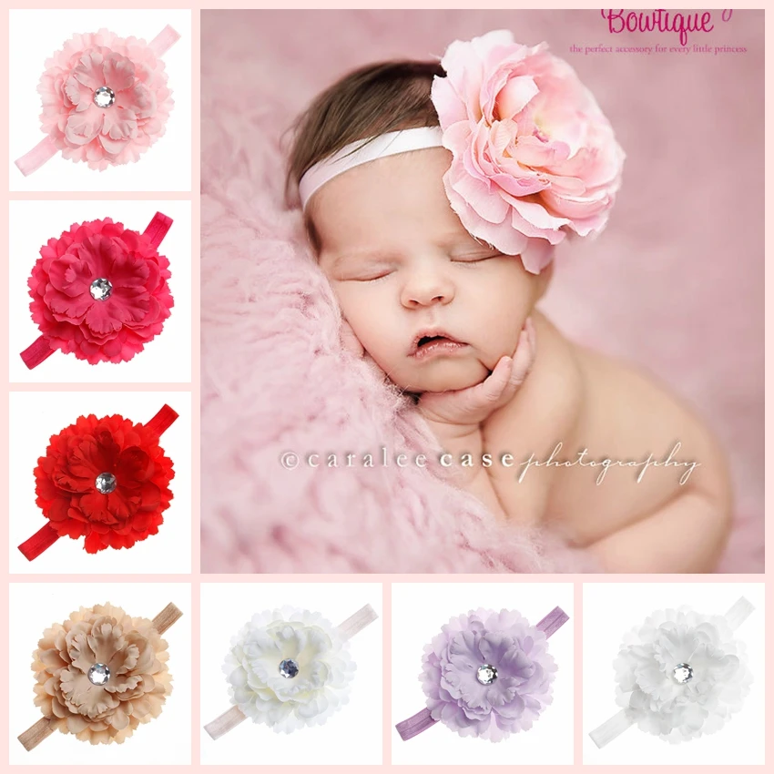 

2017 New Chic Peony Flower DIY Baby Headband Artificial Fabric Flower With Acrylic Button Girls Kids Headwear Hair Accessories