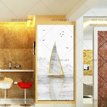 

High Quality Abstract seascape Oil Painting On Canvas Handmade Beautiful Golden Abstract Landscape sailboat Paintings For Home