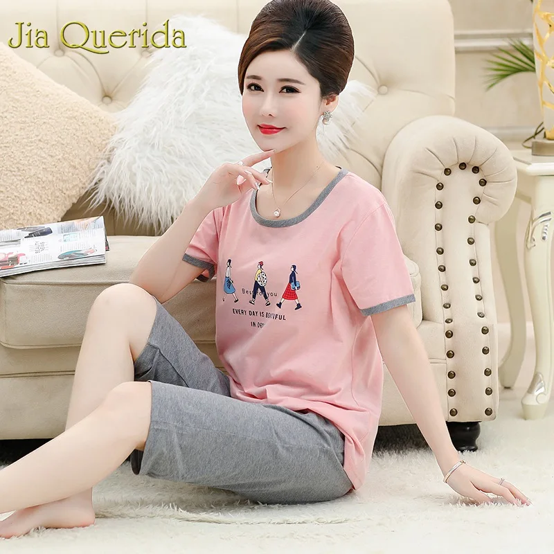 Pink Lingerie Women Short Pajama Set Summer 2019 2 Pcs Cropped Trousers Cotton Homeware Print Plus Size Sleepwear Mother's Gift | Женская