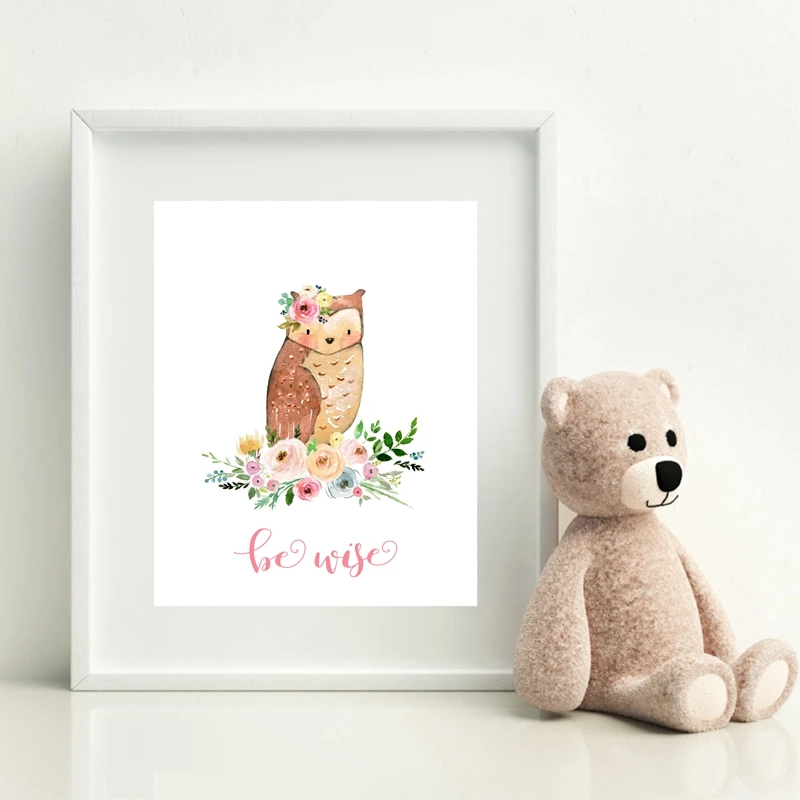 Woodland Animals Poster Pink Baby Room Decor