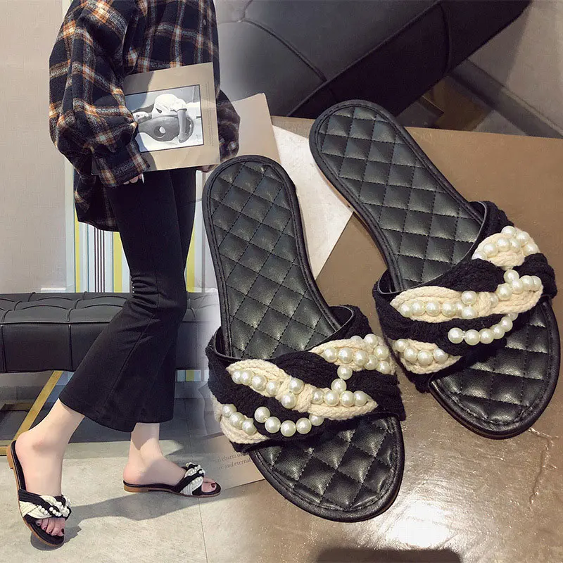 

Summer Women Flat Slippers Pearl Weaving Ladies Sandals Beading Open Toe Flip Flops Female Platform Slides Fashion Shoes