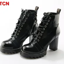 OKHOTCN/модные женские ботинки на платформе и толстом каблуке женские ботильоны из натуральной кожи на шнуровке черные ботинки на не сужающемся книзу массивном каблуке; Botas Altas Mujer