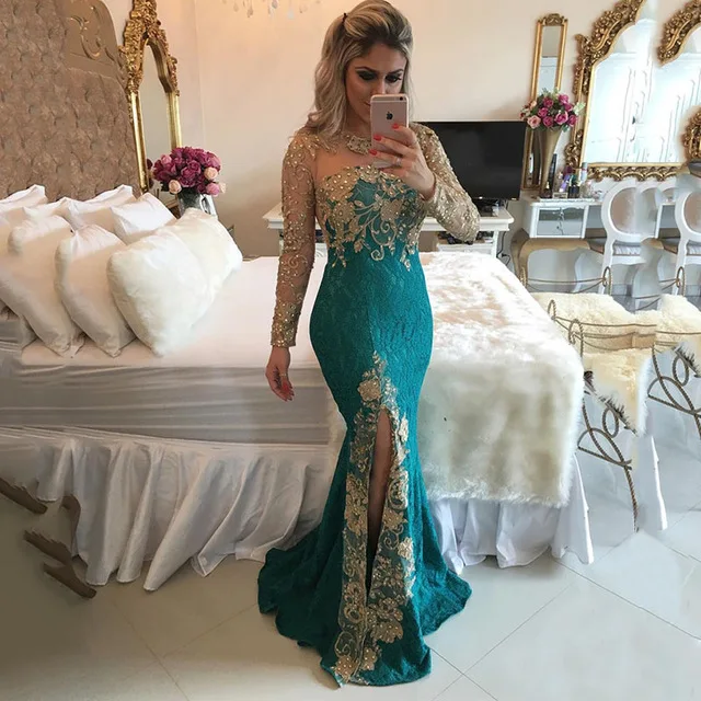 PW012 Sheer Back Lace Mermaid Prom Dresses Gold Appliques Beaded Dark