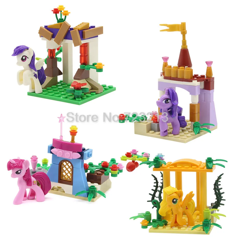 

4pcs/lot My Little Horse With Scene Figure Set Cute Cartoon Girl Princess Bricks Animal Building Blocks Kits Model Doll Toys