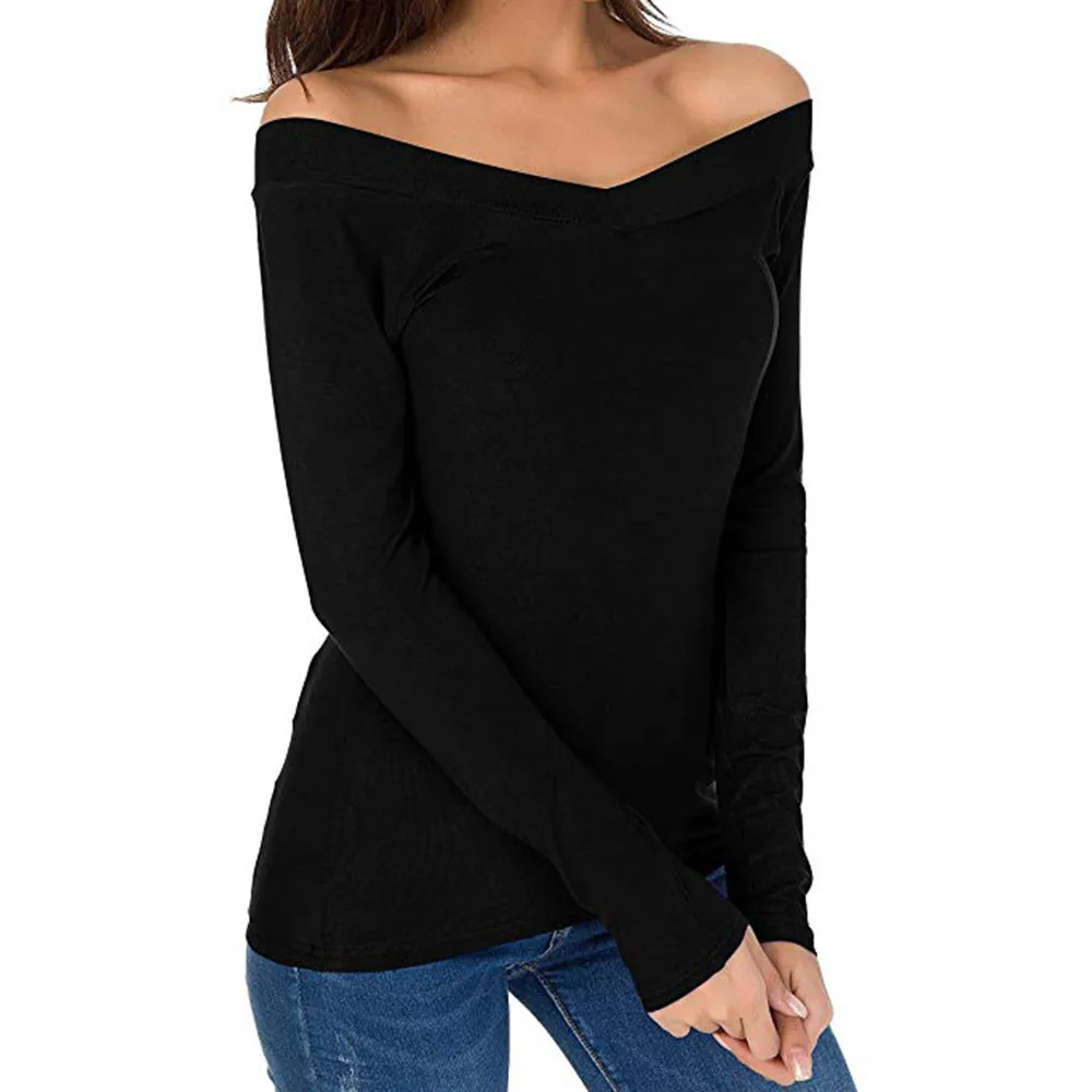  Fashion Sexy Velvet Off Shoulder Top Backless T Shirt V Neck T-Shirts Women Casual Long Sleeve Tshi