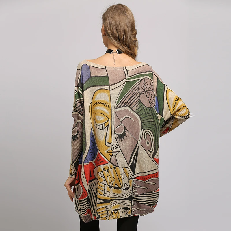 XIKOI Sweater Woman Casual Oversize Long Batwing Sleeve O-Neck Knitted Fashion Pullovers Abstract Print Clothes XIKOI Sweater Woman Casual Oversize Long Batwing Sleeve O-Neck Knitted Fashion Pullovers Abstract Print Clothes