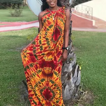 

SUNGIFT African Dress For Women Dashiki African Print Africa Mix Color Sleeveless Shoulder Tie Maxi Dresses 2019 Summer Dresses