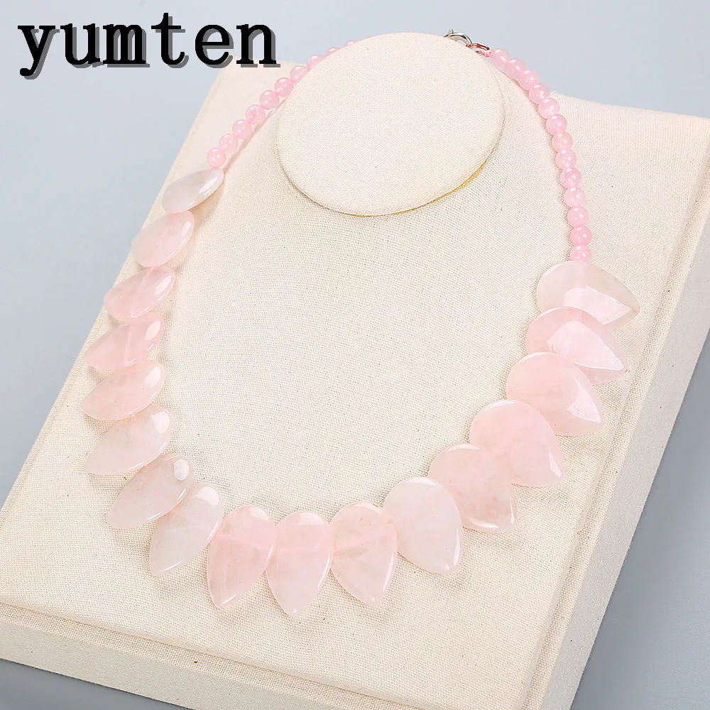 Yumten Rose Quartz Necklace Women Cross Natural Stone Leaf Pendant Flower Female Reiki Fine Jewelry Sautoir Colar Feminino Bijou