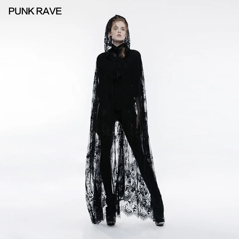 PUNK RAVE Gothic Transparent Lace Long Lace Cloak Coat Jacket Shirt Fashion Casual Novelty  Rock Victorian Jacket Shirt