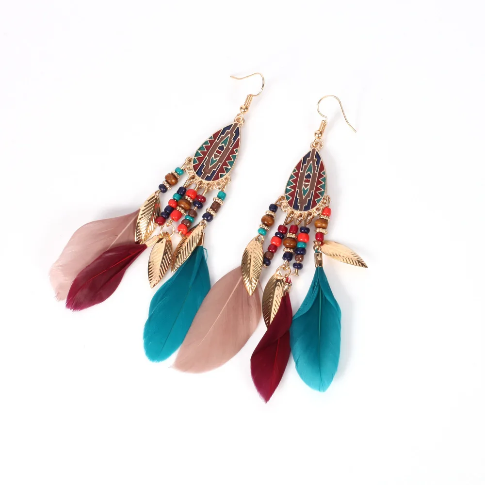 Серьги для женщин Ленточки перо Этническая Boho Большой Висячие серьги Женский