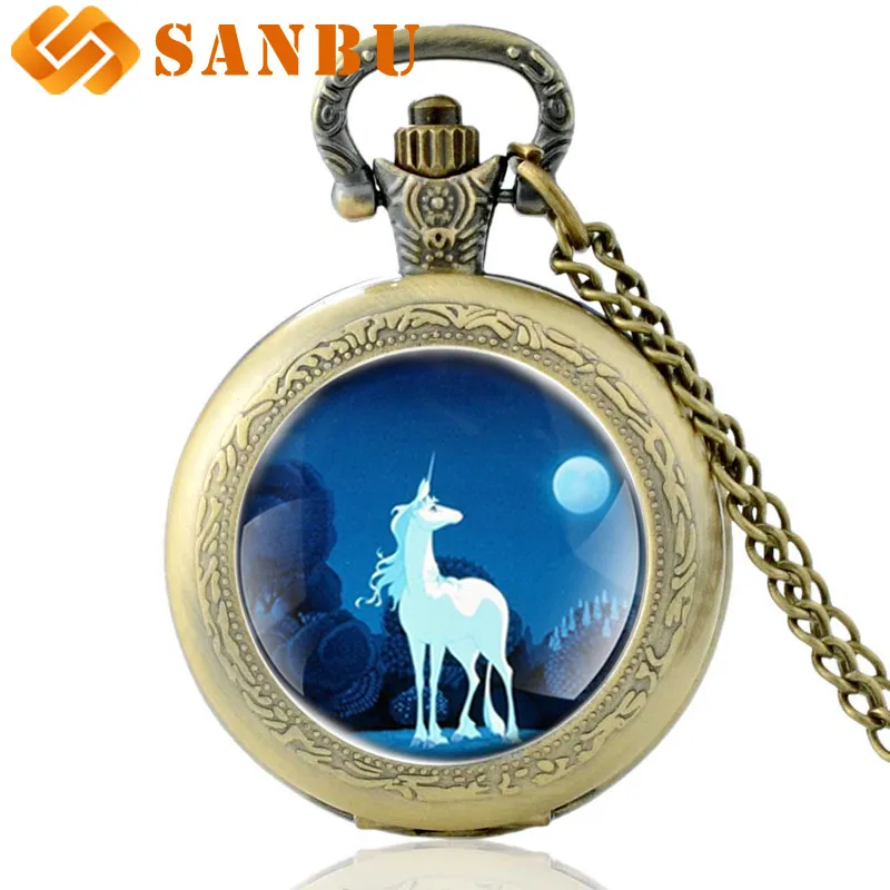 

New Fashion Quartz Unicorn Necklace Pocket Watch Vintage Bronze Men Women Pendant Gifts