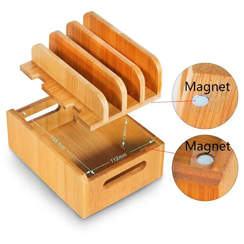 Bamboo Holder for iPhone XR 8 11Pro Stand for Samsung Cords Charging Station Docks Organizer for SmartPhone Tablets USB Charger