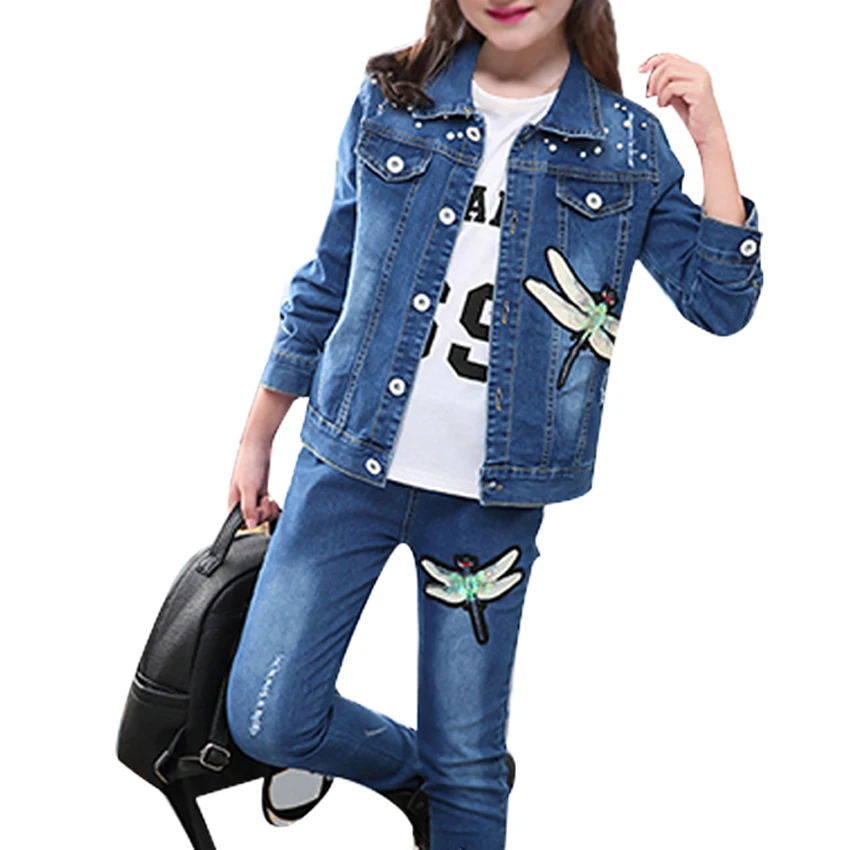 

Girls Sets Spring New Casual Cartoon Denim Clothes Baby Kids Long Sleeve Coats Suits Fashion Outfits 6 8 10 12 Years Vestidos