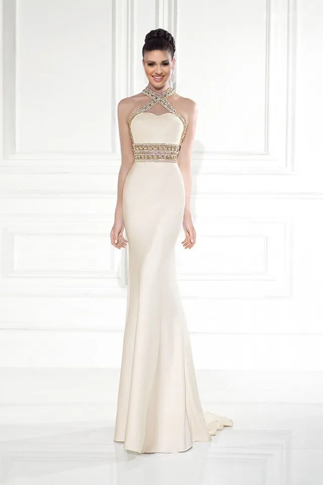 016 custom cream colored strapless beaded mermaid Sirene no back dress