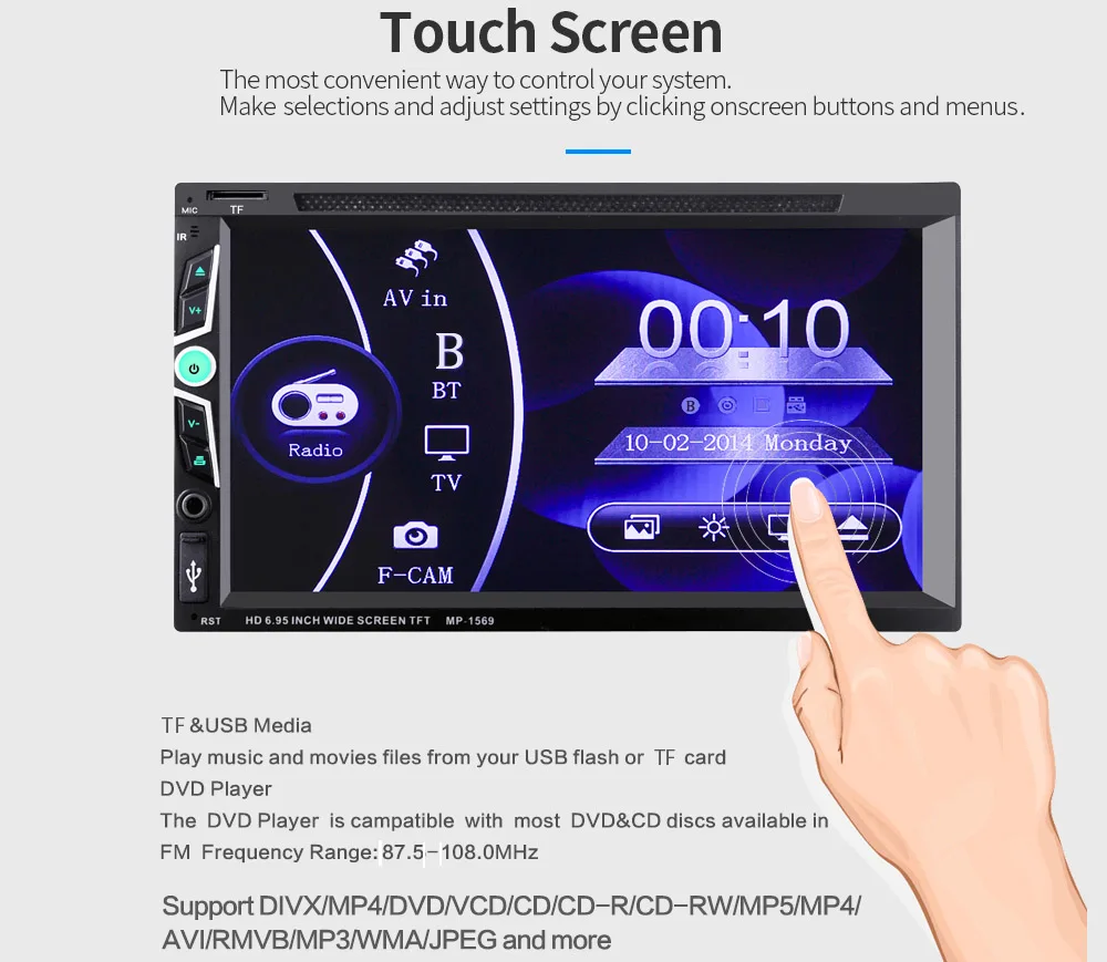 1080P сенсорный экран автомобильный DVD CD плеер аудио стерео видео Bluetooth авто радио