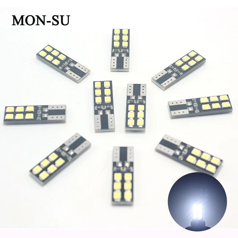 

MON-SU 10pcs Car Clearance LED Light T10-2835-12smd Canbus W5W Super Bright License Plate Lights Reading Lamp Door Bulb White