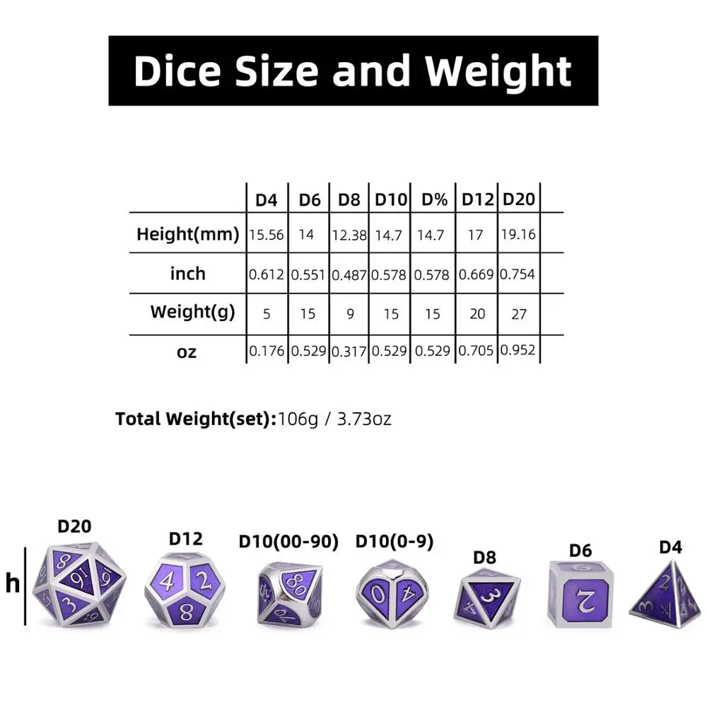 Koop Metalen Dobbelstenen met Zwarte Koord Pouch voor DnD RPG MTG Games 7 stks set D4 D6 D8 D10 D % D12 d20 Zilver   Paars