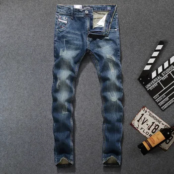 

2019 Newly Basic Classical Jeans Men Black Blue Straight Fit 100% Cotton Ripped Jeans For Men Vintage Italian Designer Men Jeans