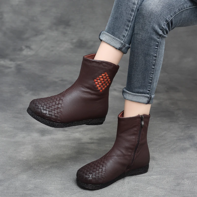 

Women Genuine Leather Martin Boots Low Heel Soft Lether Winter Warm Shoe Women Embroidery Ankle Boots Handmade Women Knight Boot