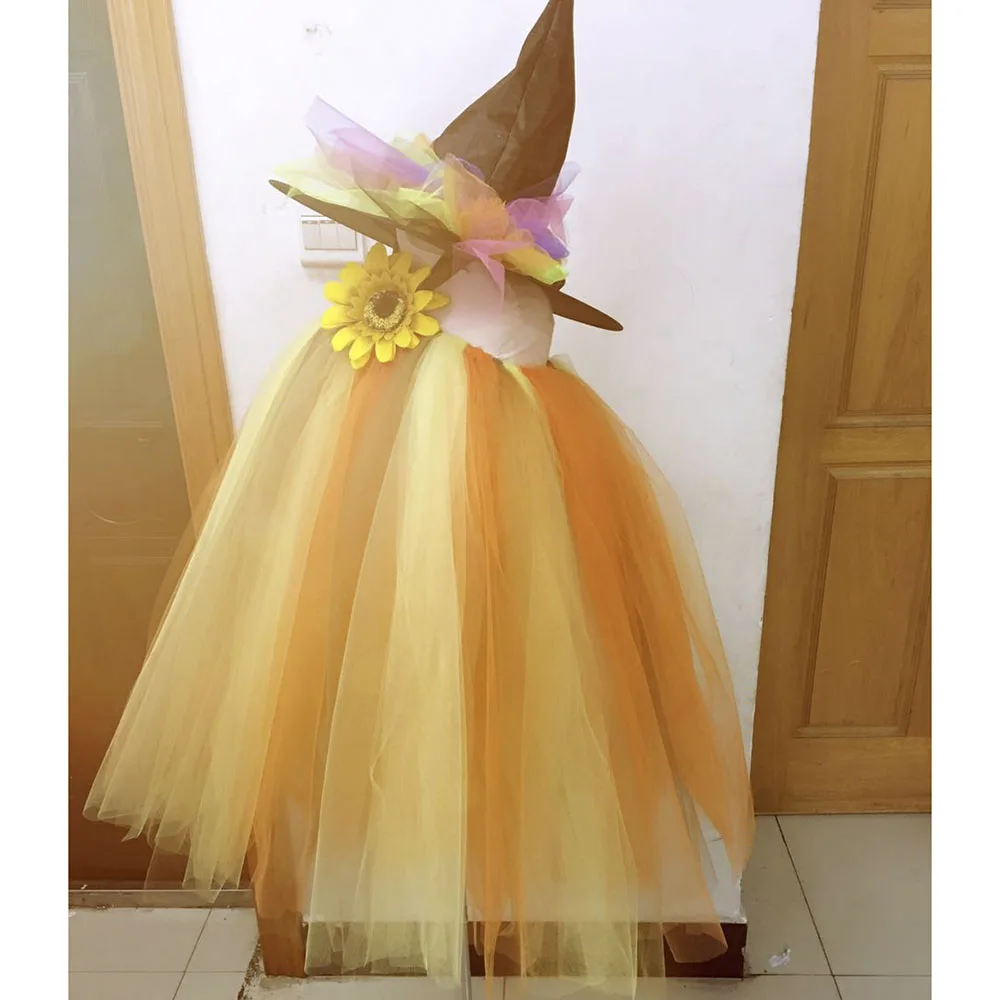 Scarecrow Halloween Girls Dress Vestidos Sun Flower Christmas Kids Costume Outfits Birthday Party Baby Fall Tutu Dress with Hat (1)