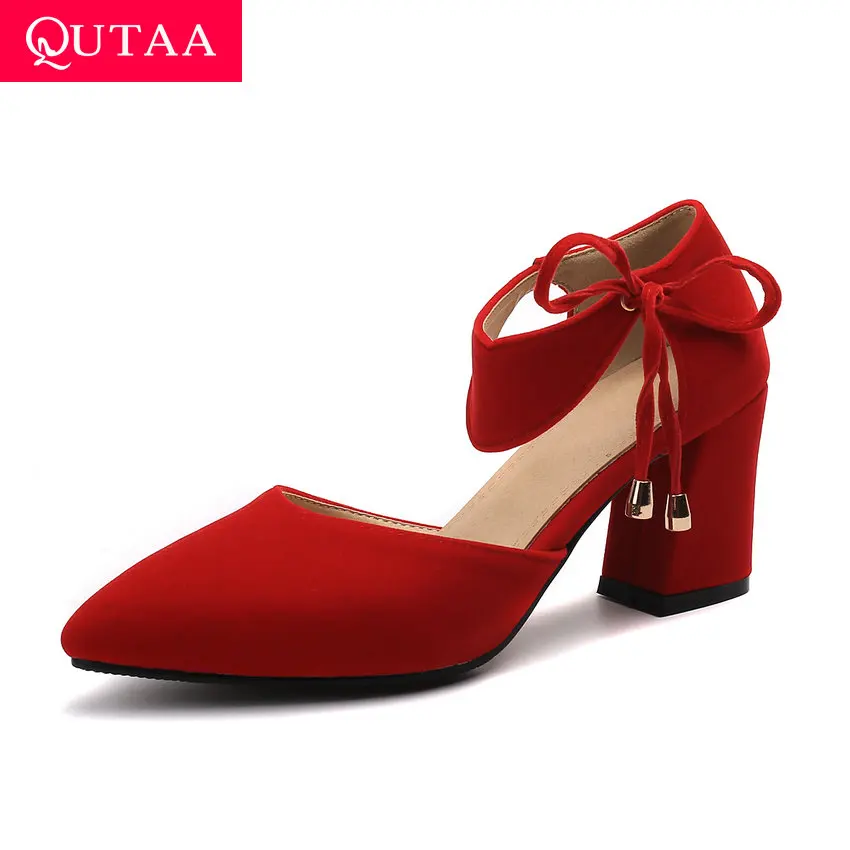 

QUTAA 2019 Women Sandals Flock Side Butterfly-Knot Fashion Pointed Toe Coarse Heel Individuality Ladies Shallow Shoes Size 34-43