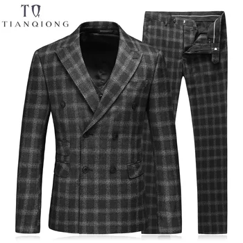 

TIAN QIONG Black Double Breasted Suit Men Custom Made Plaid Slim Fit Wedding Groom Dress Suits for Men Costume Homme 3 Pcs Terno