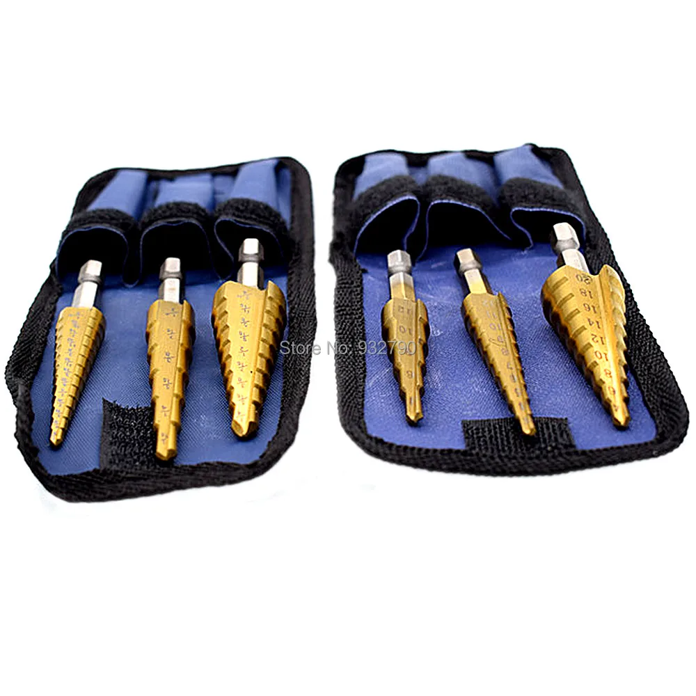 

3pcs Hss Step Cone Drill Titanium Coated Bit Wood Hole Cutter Bit 3/16-1/2 1/4-3/4 1/8-1/2 4-12mm 4-20mm 3-12mm w/ Storage Pouch