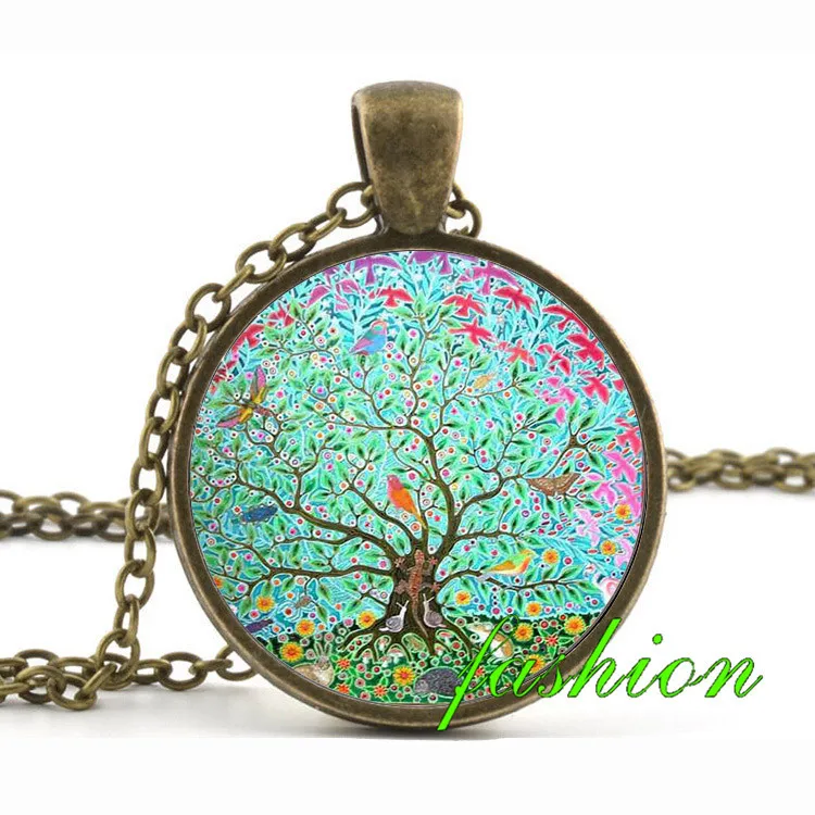 Vintage tree of Life Cabochon  Bronze Glass Chain Pendant Necklace TS-3212