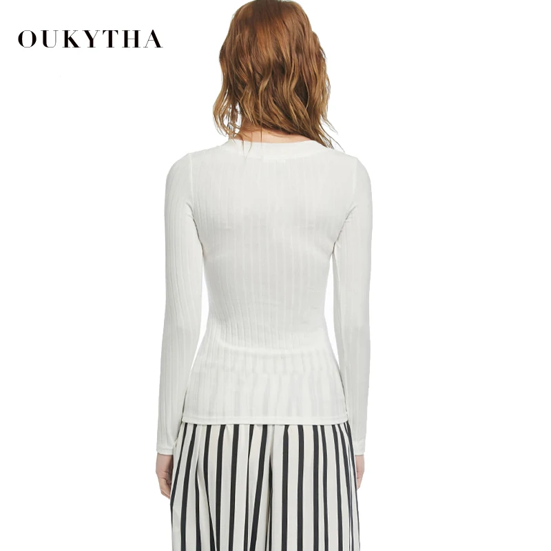 Oukytha осень 2017 г. одежда с длинным рукавом Slim Fit Bodycon v образным вырезом топ Пуговицы