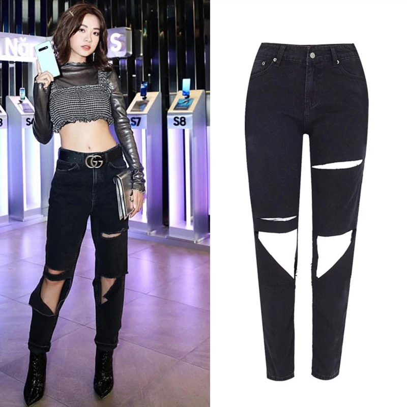 

Summer Women Jeans High Waist Loose Straight Simple Denim Nine Pants Knee Hole Washed Street Hip Hop Jeans Fashion New