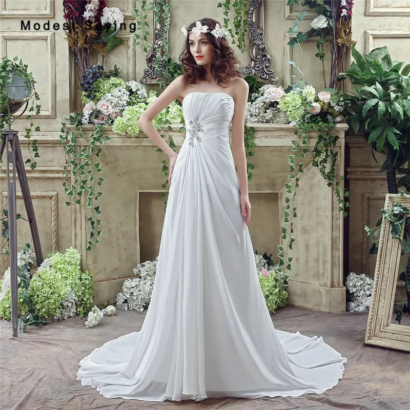 

Simple Style Cheap White A-Line Strapless Beaded Pleated Wedding Dresses 2017 Formal Women Garden Bridal Gowns vestido de noiva