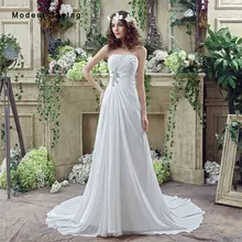 Simple Style Cheap White A-Line Strapless Beaded Pleated Wedding Dresses 2017 Formal Women Garden Bridal Gowns vestido de noiva