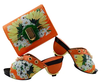 

Excellent wedding/party orange with flower print high heel shoes with clutch handbag set GL01 heel height 7.5cm