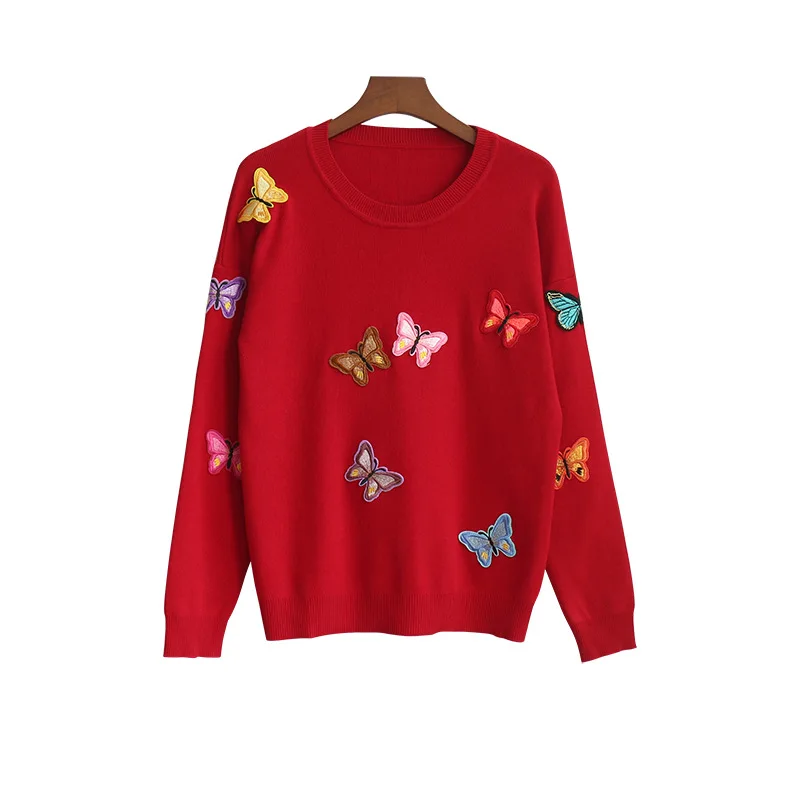 Baharcelin Для женщин для девочек; зимняя одежда с вышивкой, с вязаные свитера-пуловеры Повседневное свободный свитер с принтом в виде бабочек, свитер с животным, свитер, топы - Цвет: red butterefly