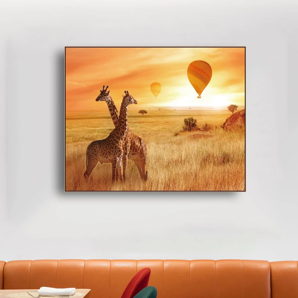 

Laeacco Canvas Calligraphy Painting Giraffes Hot Air Balloon Autumn Posters and Prints Wall Picture Living Room Home Decoration
