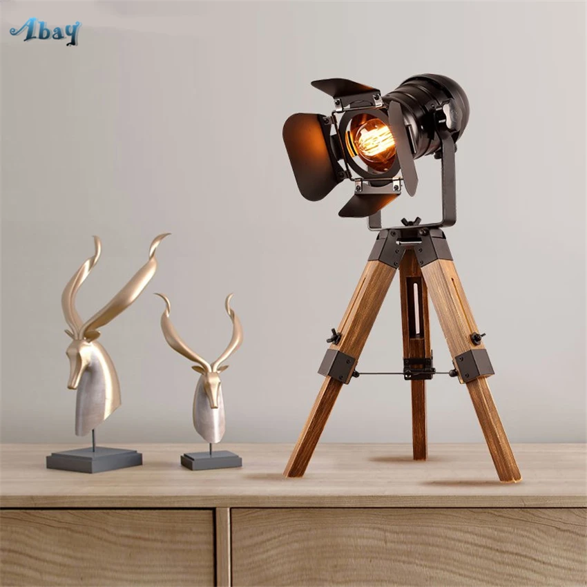 

American Industry Loft Iron Lift Table Lamps Bedroom Desk Living Room Study Tripod Wood Vintage Lights Art Deco Fixtures
