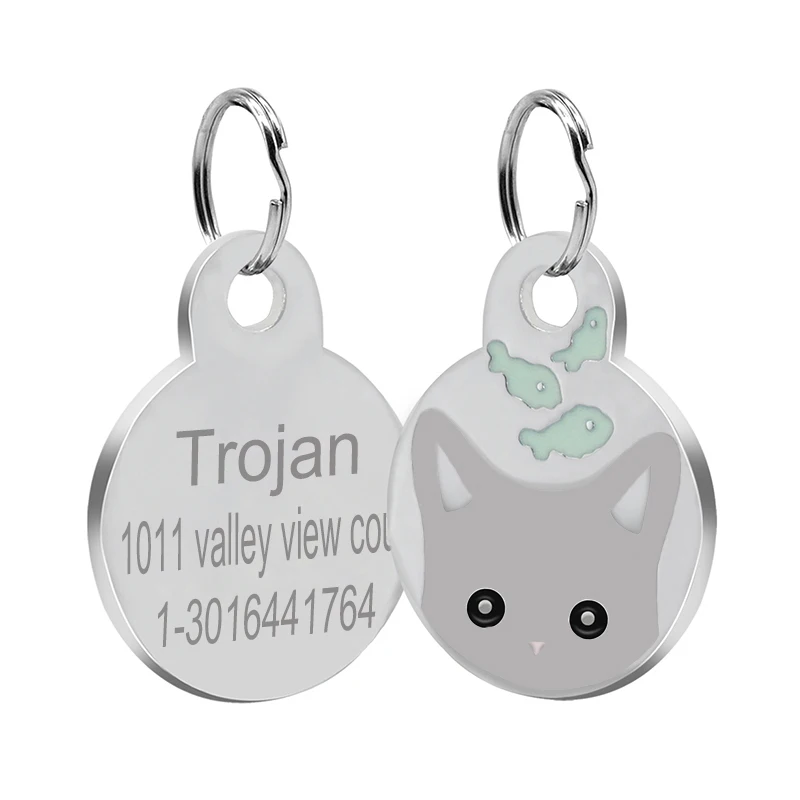 Loverly Anti-lost Stainless Steel Personalized Round Dog Tag Custom Cat Engraved Name Tags Cute Kitten Face ID Tags