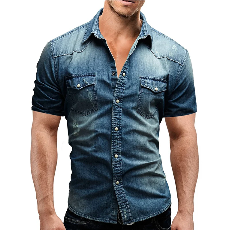 

Men's Shirt Summer Short Sleeve Fashion Casual Denim Solid Color Shirt High quality European and American style cotton shirt