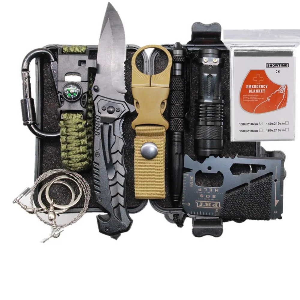 9 in 1 Outdoor Survival Kit Military EDC Tools Camping equipment Travel First aid SOS Emergency Blanket Flashlight Folding knife (6)_副本