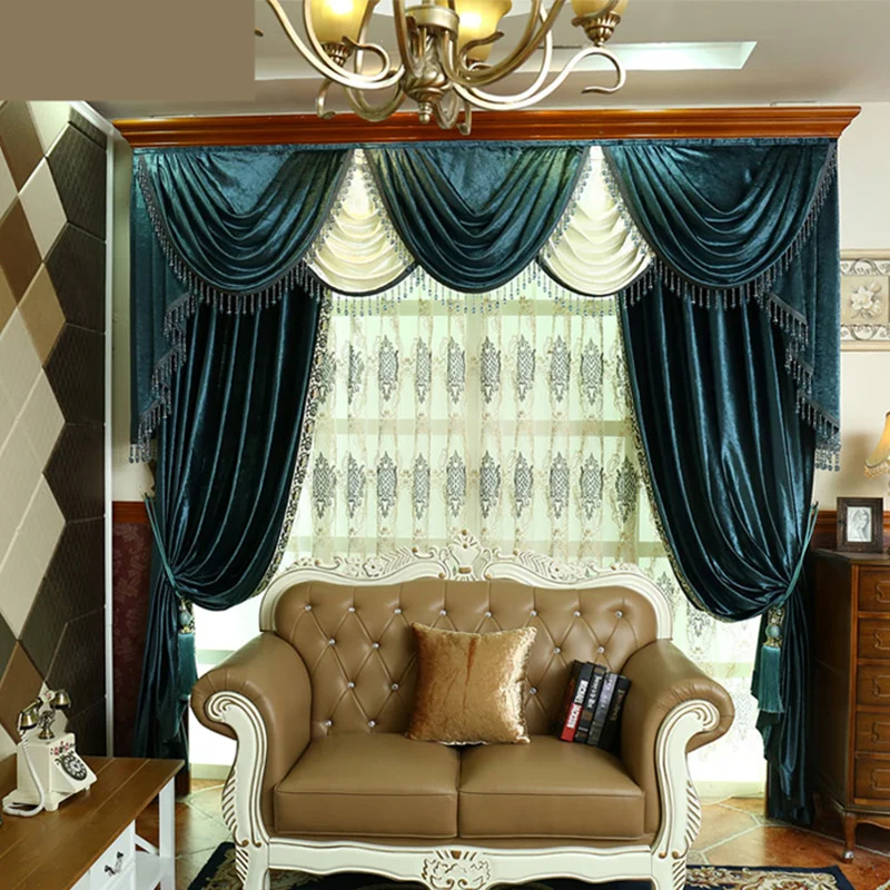 

Custom curtain European luxury high-grade velvet cloth curtains thickened solid blue color cloth blackout curtain tulle E668
