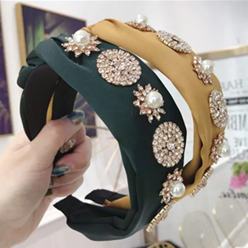 

Handmade Crystal Headbands for Women Boutique Braided Satin Fabric Hairband Headband Crystals Pearls Hair Headband Girls Adults