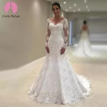 Vestido De Noiva Sereia Branco v-образным вырезом Русалка Кружева свадебное платье с длинными рукавами невесты платье со шлейфом Trouwjurk