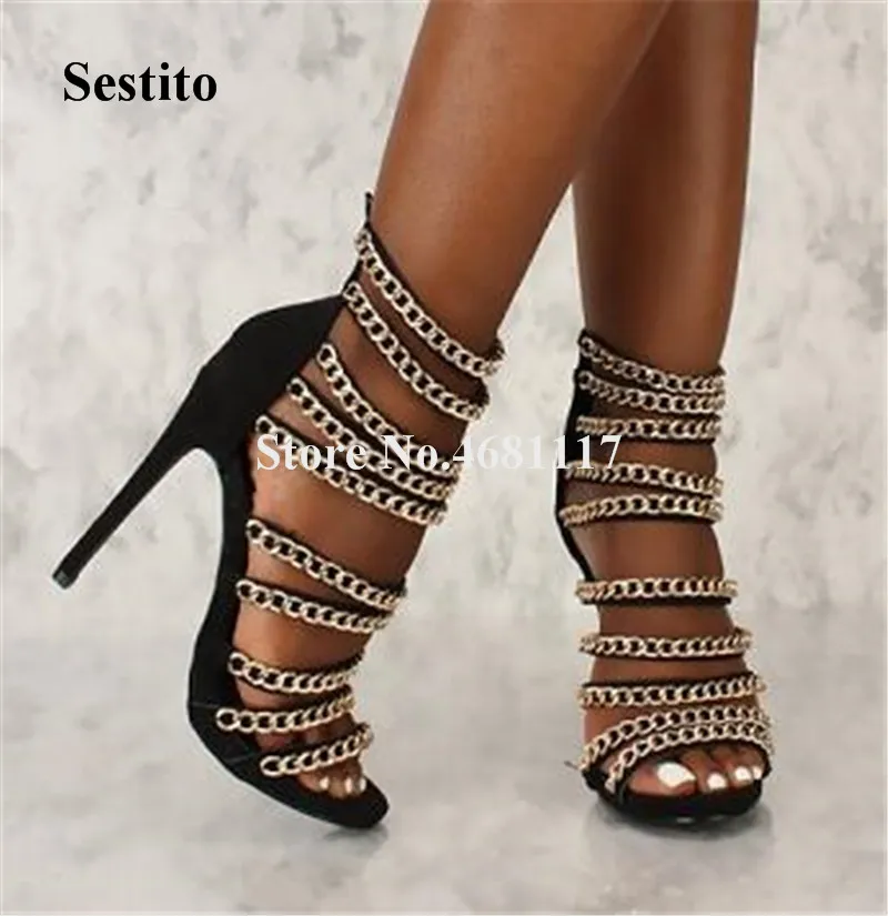 

Summer New Fashion Women Open Toe Gold Chains Stiletto Heel Gladiator Sandals Back Zipper-up High Heel Sandals Dress Shoes