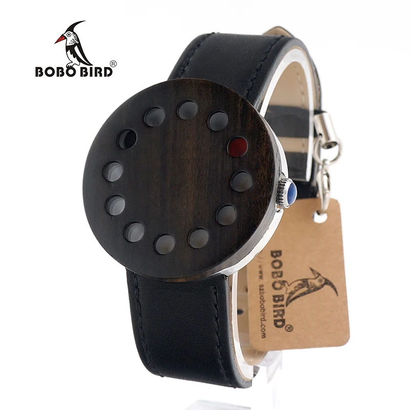 BOBO BIRD V-C12 Ebony Wooden Watch 12 holes design Stainless Steel Case Quartz Clock 38mm Diameter for Men Women Reloj Mujer