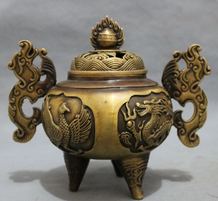 

Tibet Bronze Buddhism Dragon Phoenix Turtle Snake Statue Incense Burner Censer